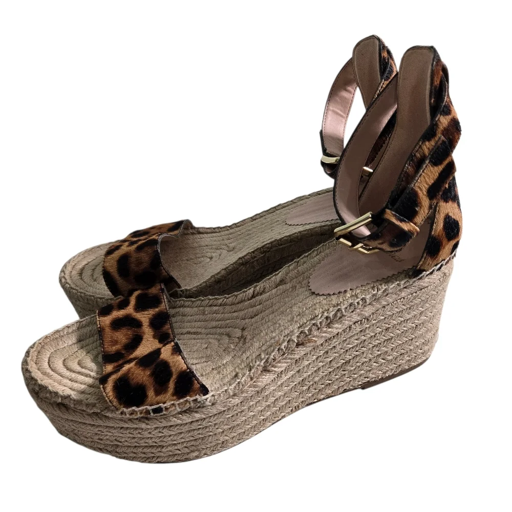 J Crew Espadrille Wedge Sandals Brown Tan Leopard Calf Hair Platform 10